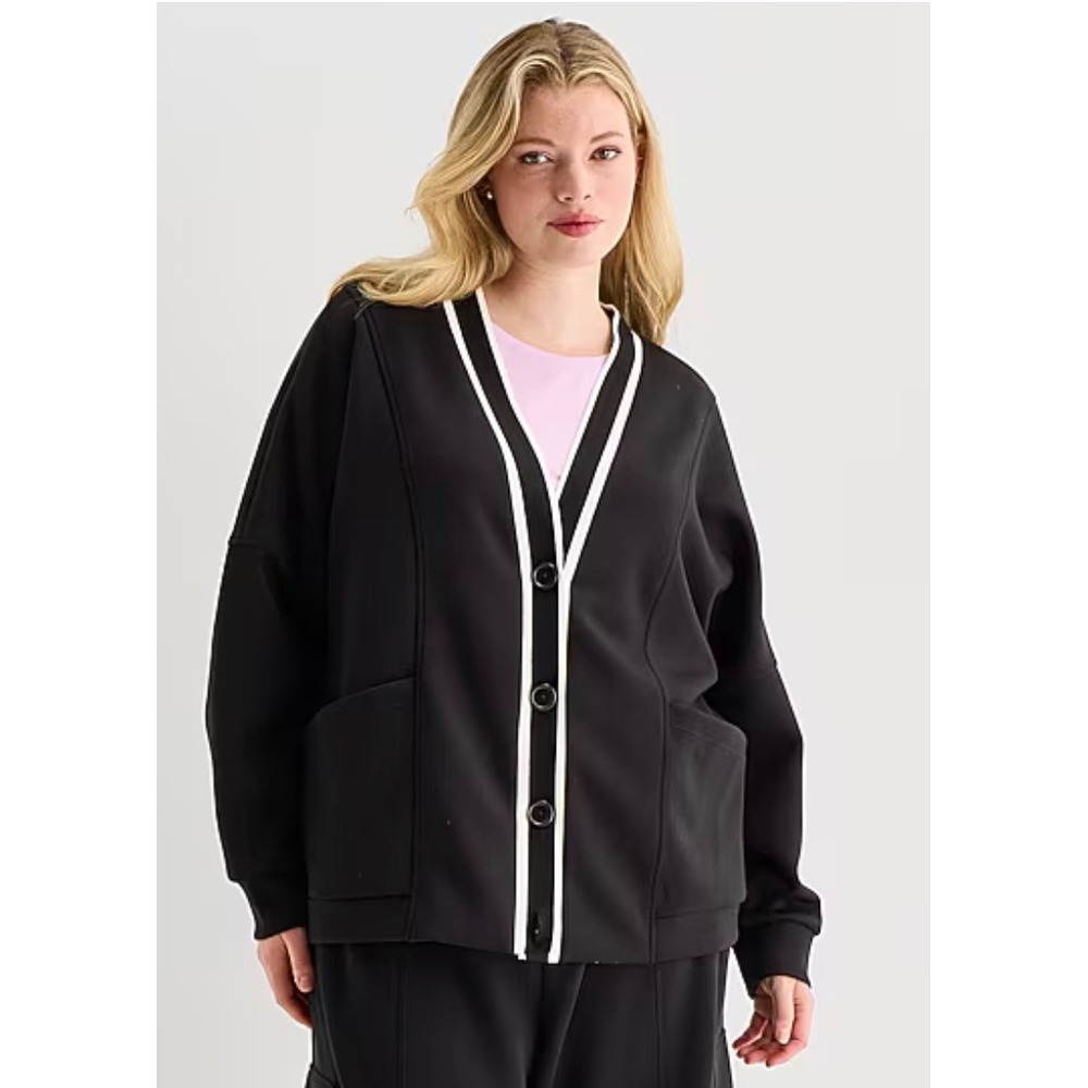 Stylus Womens Black Varsity Trim Button Front Cardigan Sweater Plus Size 2X NWT
